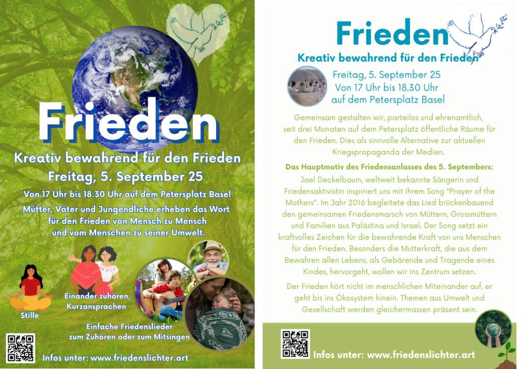 Flyer für Friedenstreff am 5.9.25 auf dem Petersplatz